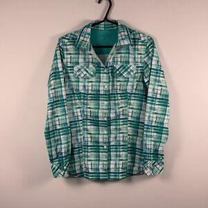Eddie Bauer Travex Womens Medium Green Plaid Roll Tab Long Sleeve Hiking Shirt